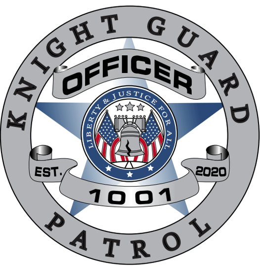 A knight guard patrol officer badge with the words " officer 1 0 0 1 " in it.